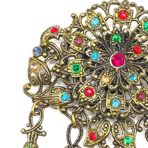 Vintage Czech? Filigree Multi Color Crystal Pin Brooch - Picture 9 of 14